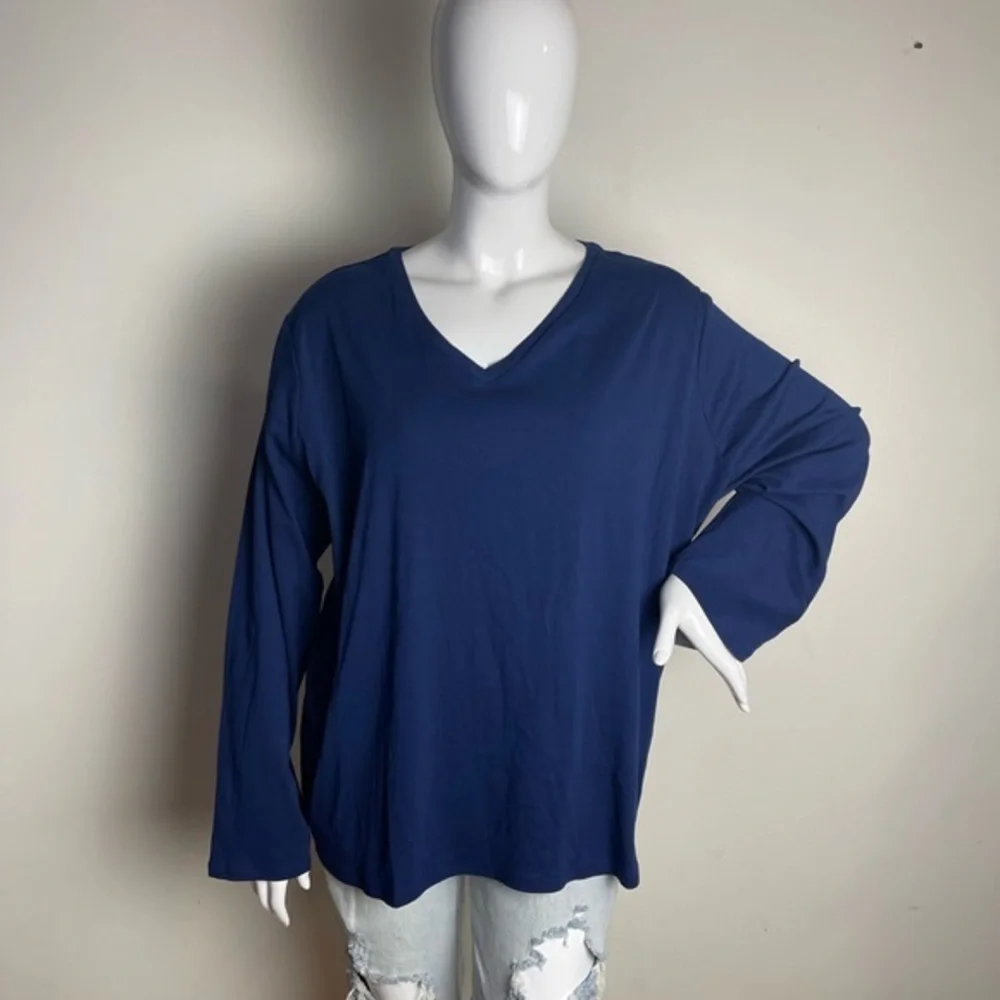 ⭐️LIZ CLAIBORNE  Womens Plus V Neck Long Sleeve T-Shirt‎ navy size 5X